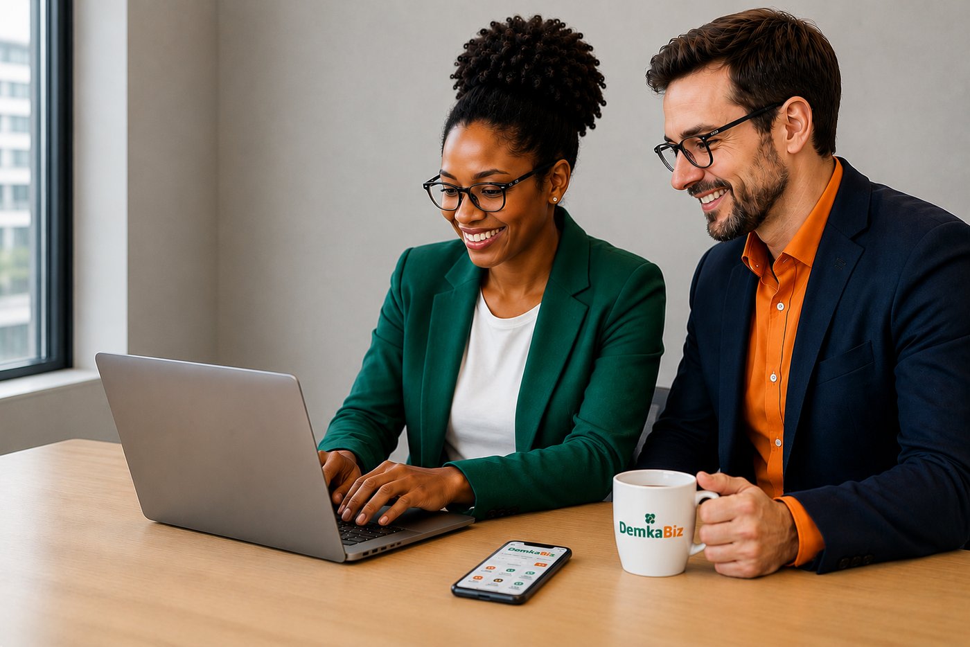 Deux membres de la communauté DemkaBiz échangeant devant un ordinateur portable, une tasse DemkaBiz à la main